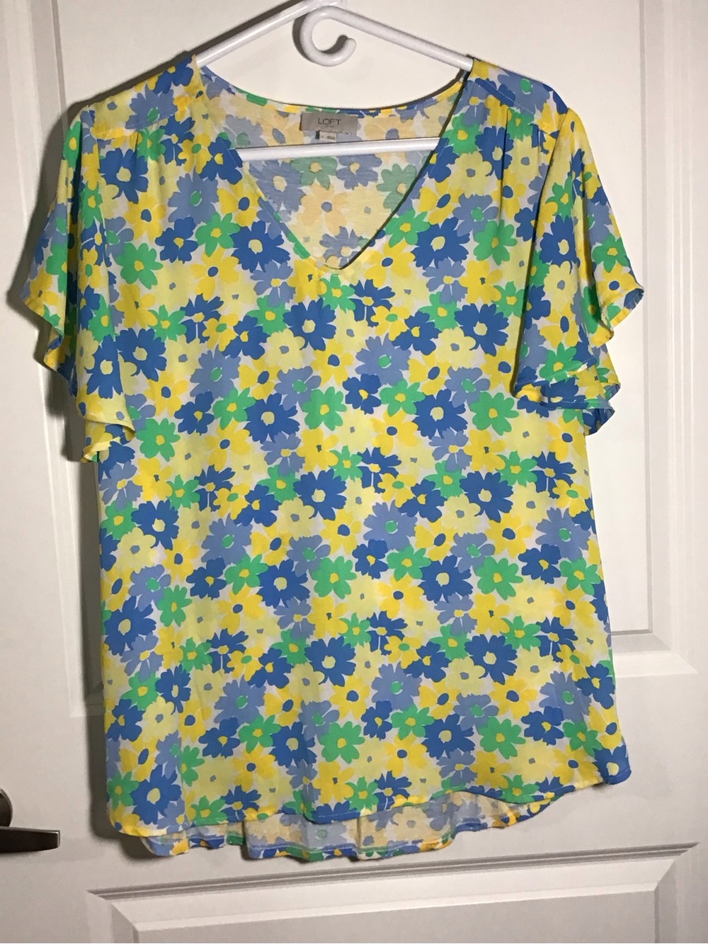 LOFT Yellow Floral V-Neck Flutter Sleeve Blouse L